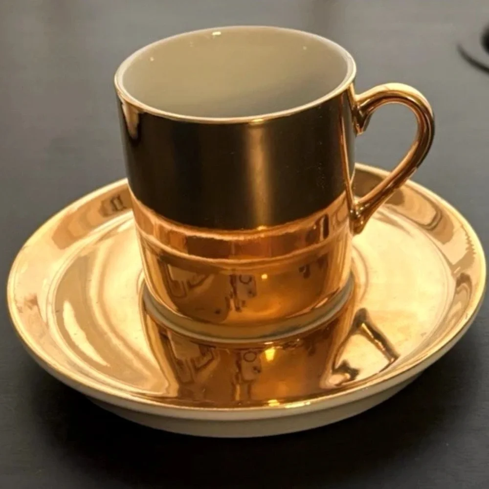 Vtg Neiman Marcus Gold Gilded Porcelain Espresso Demitasse Cups Saucers Set 4
